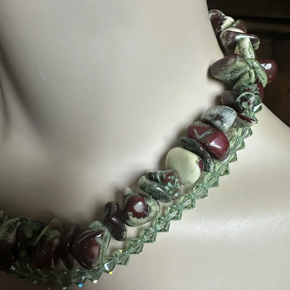 Artisan Beaded Necklace 17 Inch Fossil Coral Austrian Crystal 925 Sterling 87.8g